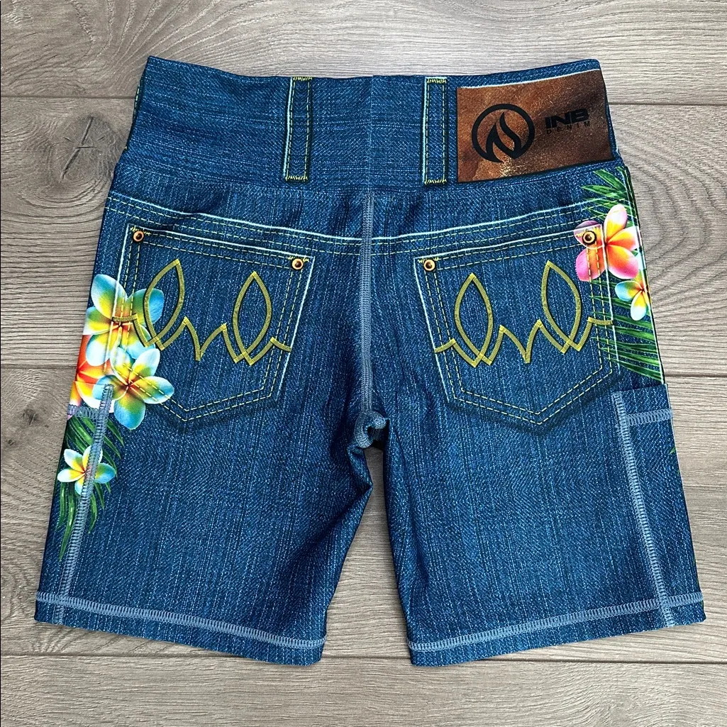 INKnBURN Blue Denim Pocket Graphic Floral Bike Active Shorts Size Small - Image 2