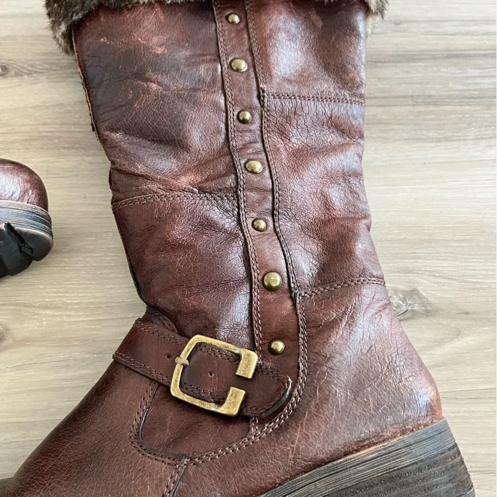 Baretraps 10 Paulette Leather Brown Studded Faux Fur Boots - Image 2