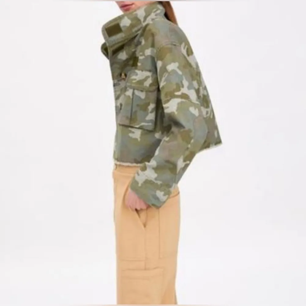 Zara Cropped Green Raw Hem Velcro Pocket Camo Print Army Utility Jacket (Sz M) - Image 4