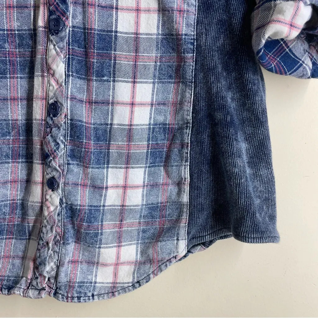 Ci Sono Plaid Button Front Shirt Blue Mixed Fabric Panels Size L - Image 8