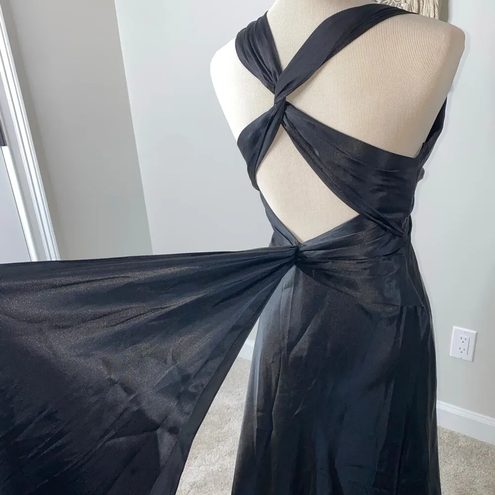 Vintage 90s La Femme Black Satin Criss Cross Cape Back Formal Gown Long Dress 6 - Image 2
