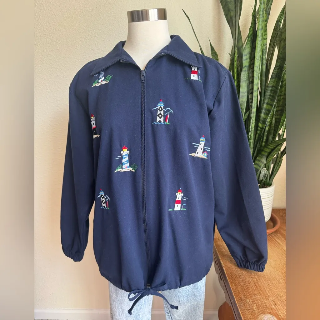 Vintage Lighthouse Embroidered Zip‎ Up Jacket Navy Coastal S Blue - Image 7