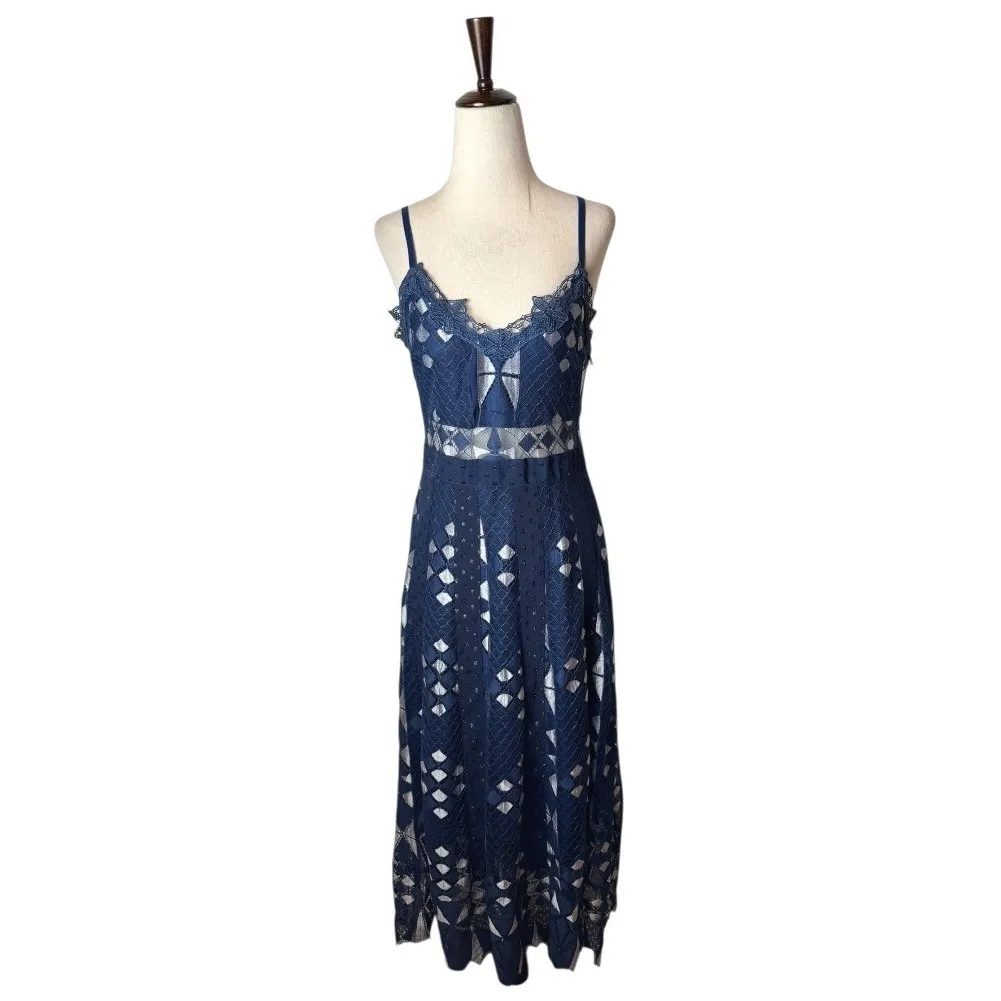 Foxiedox Dress Women Medium Blue Silver Lace Bravo Zulu Midi Party Cocktail - Image 2