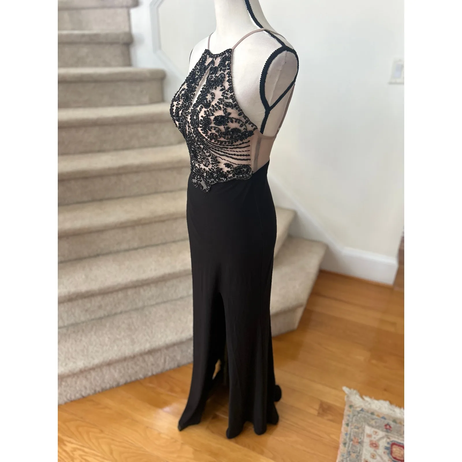 Blondie Nites Black Nude Illusion Beaded Halter Sheath Maxi Gown Prom Dress - Image 2