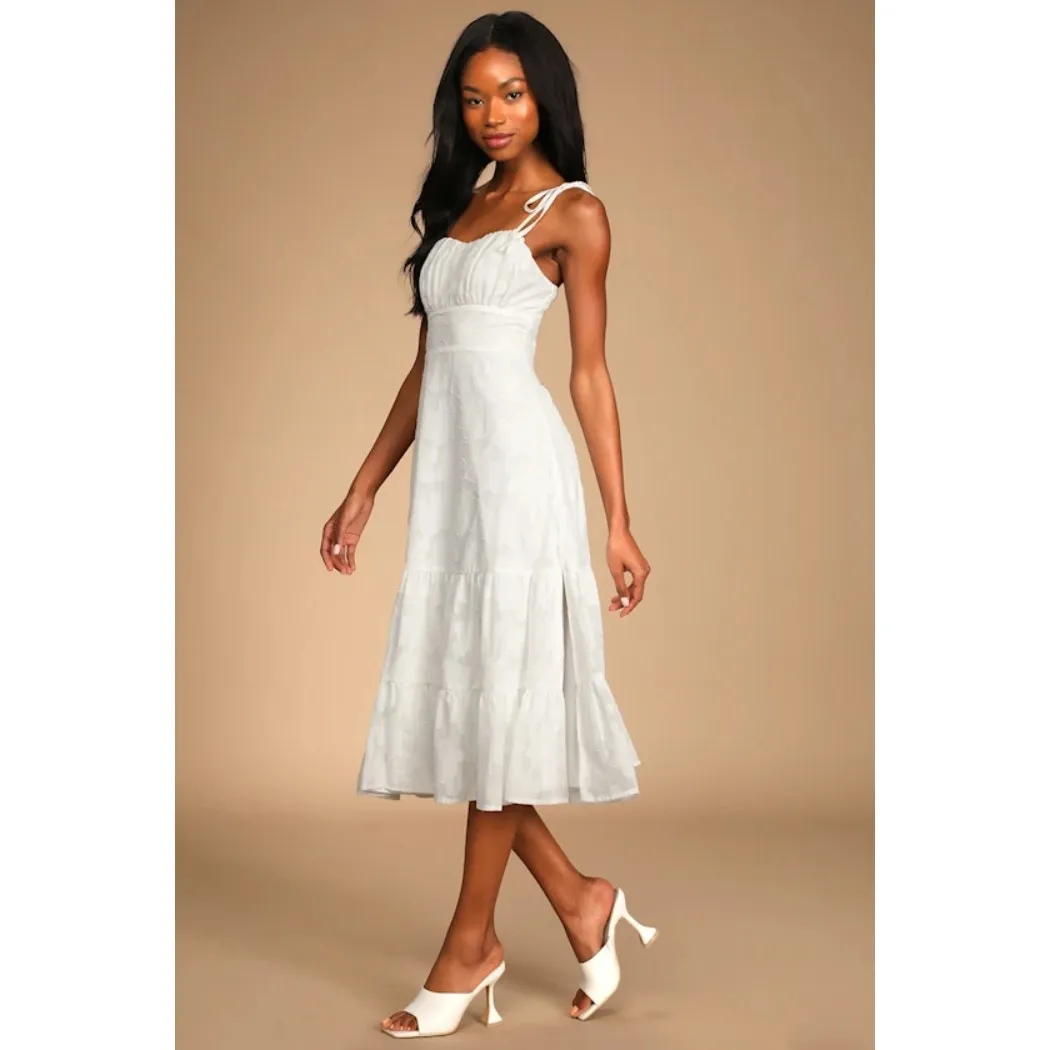 NWT Lulus Sweet Sentiments White Jacquard Tiered Midi Dress Summery Beachy Sz S - Image 6