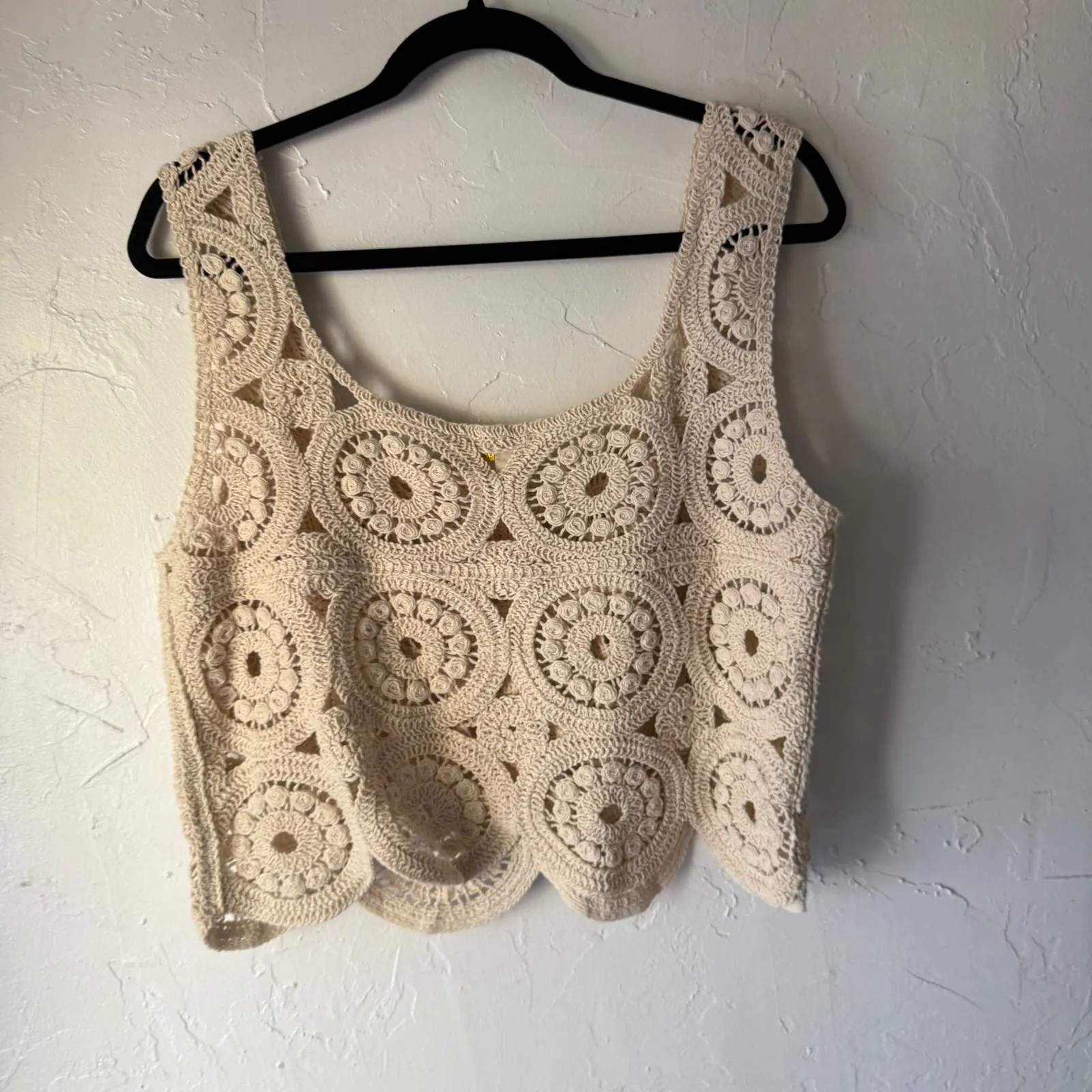 Rebellion Crochet Tank Top Cream Sleeveless Festival Boho‎ Women's L - Image 8