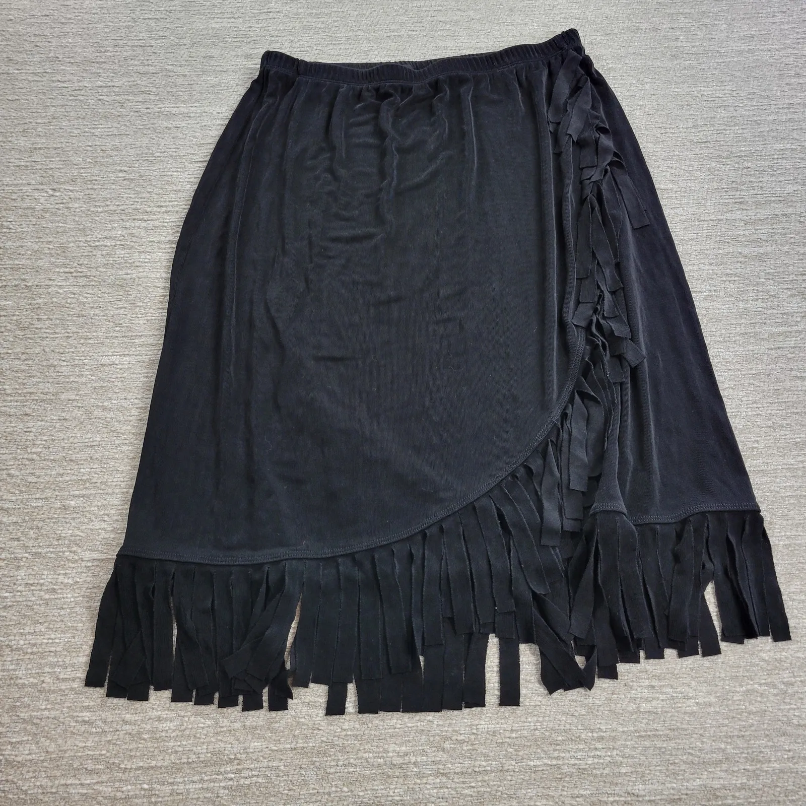 Chicos Travelers Fringe Skirt Womens XL Black Ribbed Faux Wrap Slinky Rodeo - Image 6