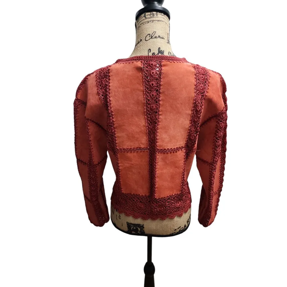 SMH Boutique Coral Suede Crochet Trim Cardigan Jacket Boho‎ Chic Orange - Image 2