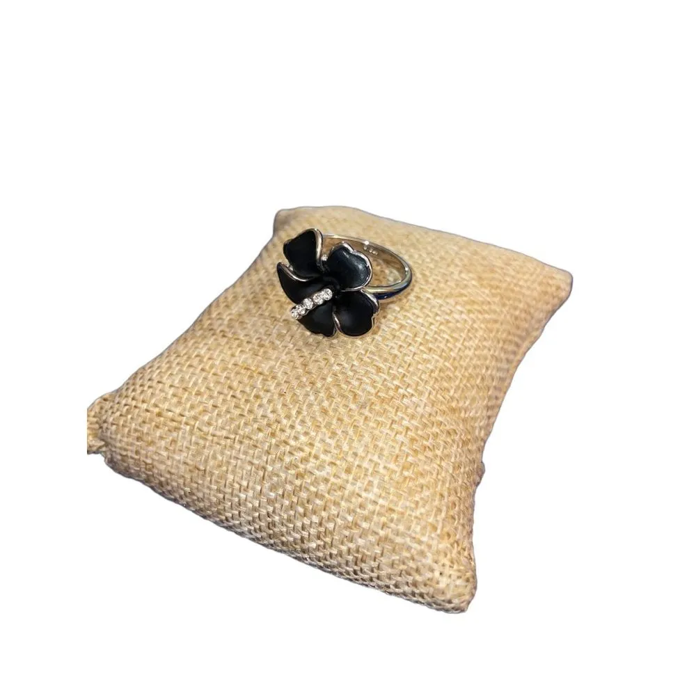 Vintage Sterling Silver Black Enamel Ring CZ Flower Adjustable Statement - Image 2