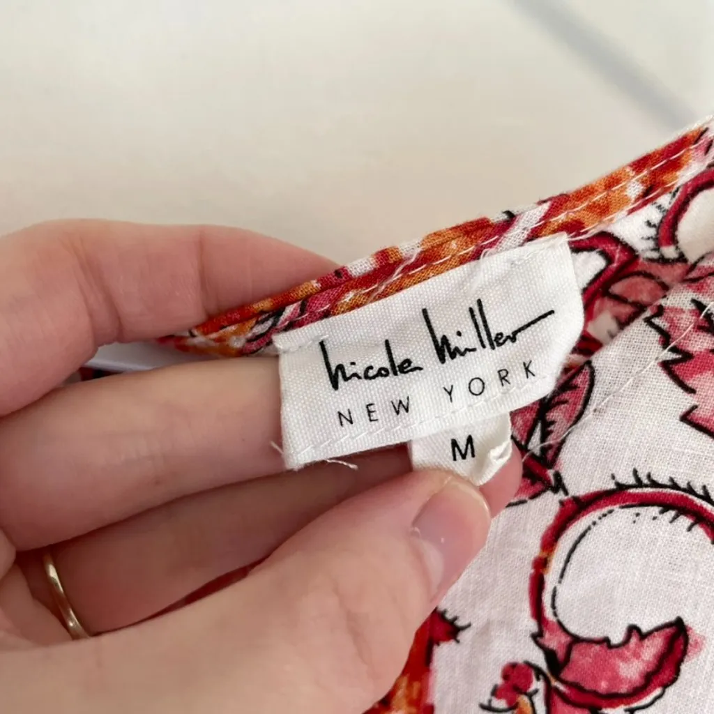 NICOLE MILLER White Red Orange Floral Border Print Button Back Linen Tank Blouse - Image 7