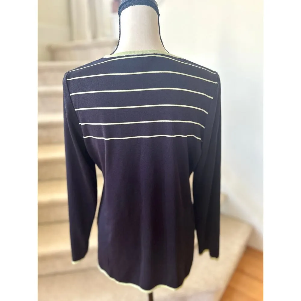 Exclusively Misook Navy & Green Stripe Crewneck Long Sleeve Blouse - Image 4