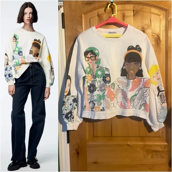 ZARA Blogger Fave Ecru Multi Girls Print Sweatshirt $59.90 EUC S Rare HTF - Image 2