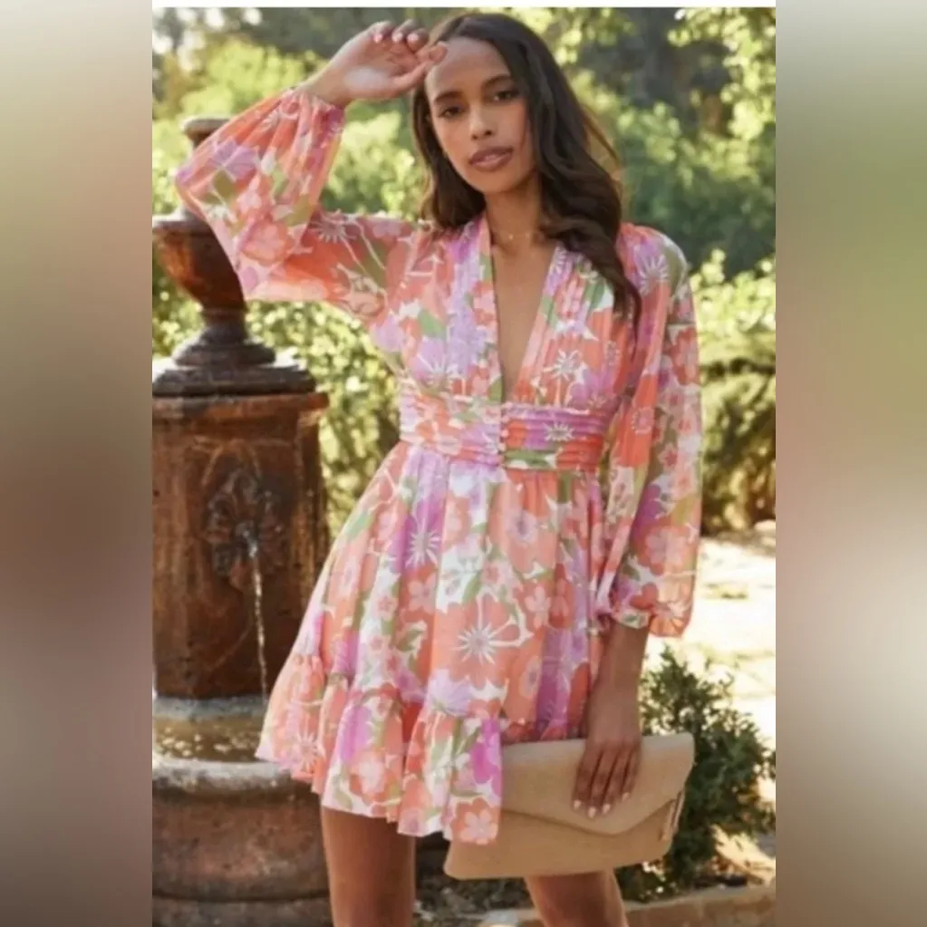 VICI Collection Floral Long Sleeve Chiffon Babydoll Dress Medium Wedding Flowy - Image 2