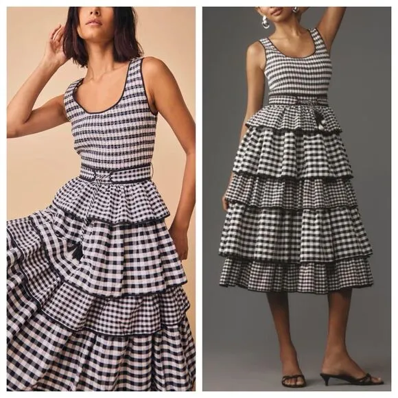 HUNTER BELL Andrea Black White Gingham Checkered Tiered Ruffle Dress Size 6 - Image 2