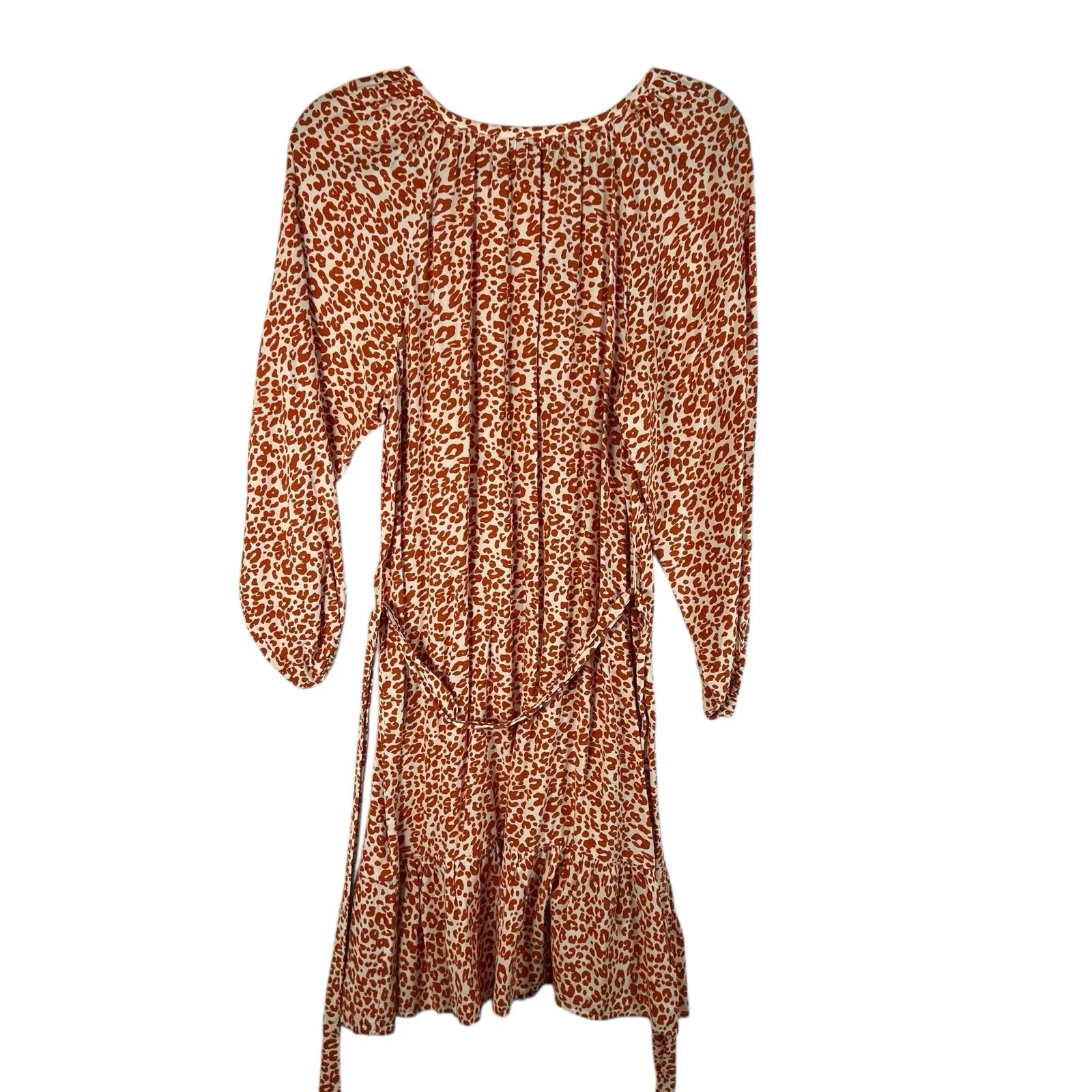 LOFT Tie-Waist Casual Dress Long Sleeve Cheetah Print Orange Cream White Women S - Image 2