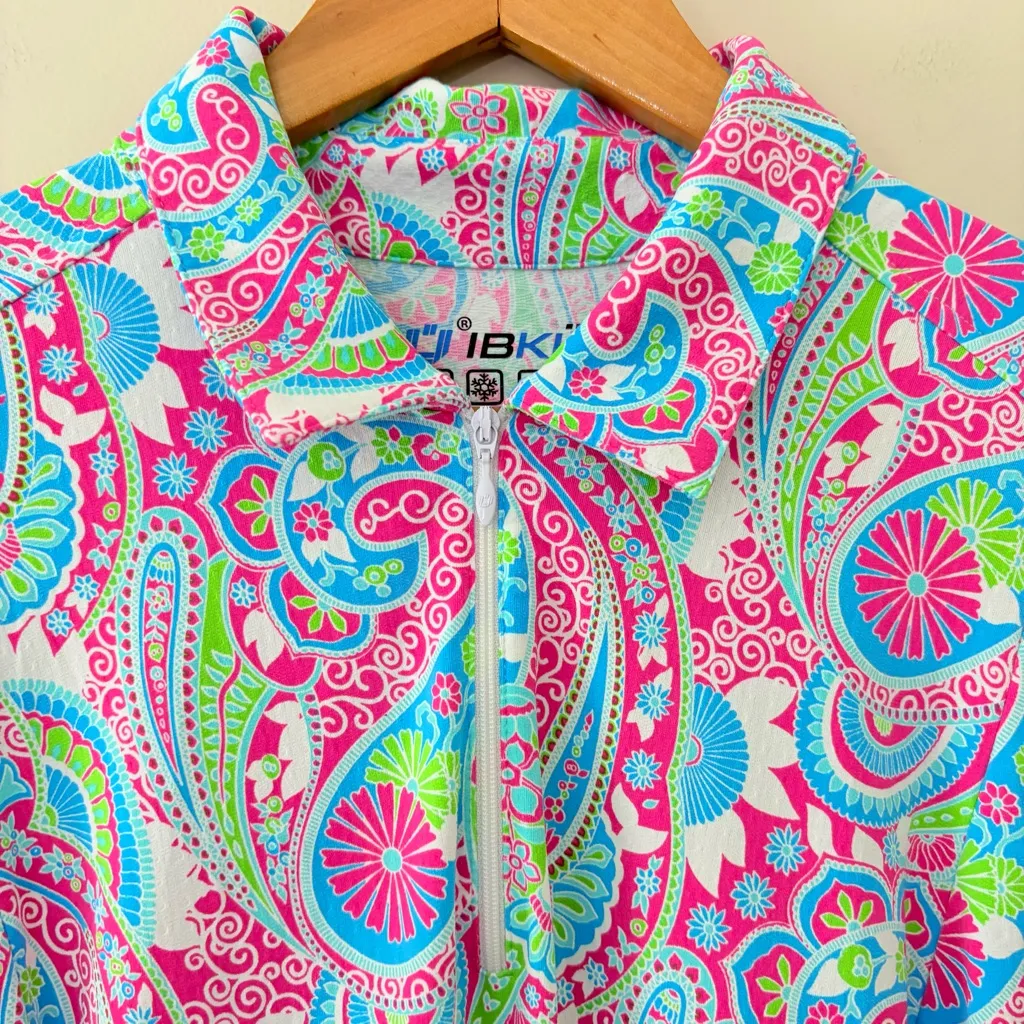 Ibkul Gloria Print Short Sleeve Polo Godet Dress Hot Pink/Turquoise Floral Sz XL Pink - Image 4