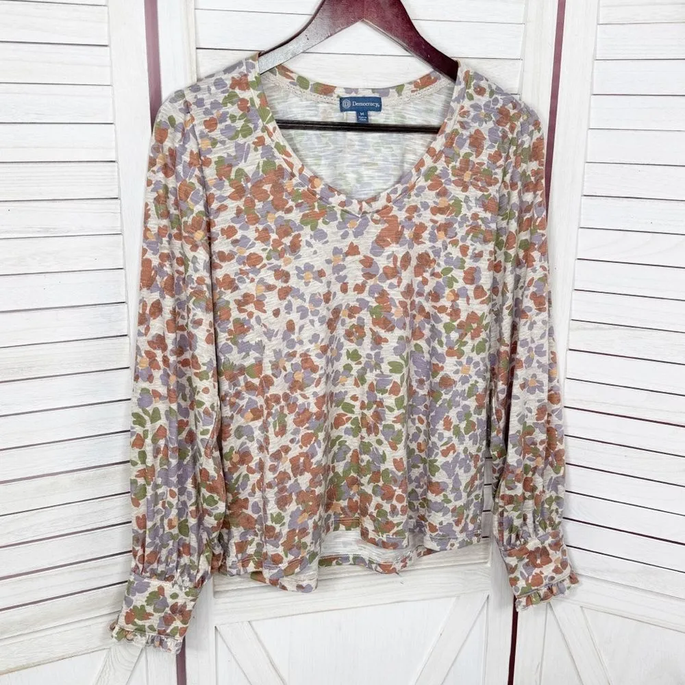 Democracy Printed Wide V Neck Ruffle Snap Cuff Long Sleeve Top Beige Medium - Image 8