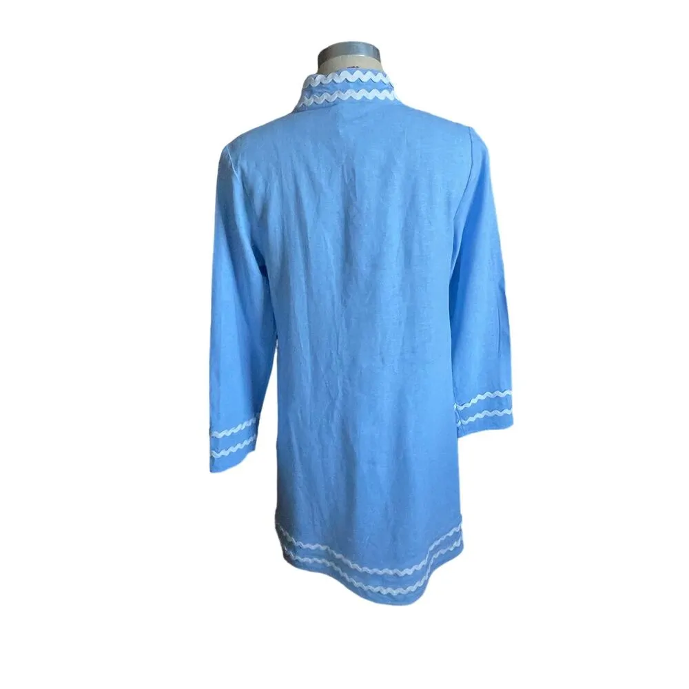 Sail to Sable Long Sleeve Linen Blend Tunic Dress Light Blue Rik Rak Trim Medium - Image 5