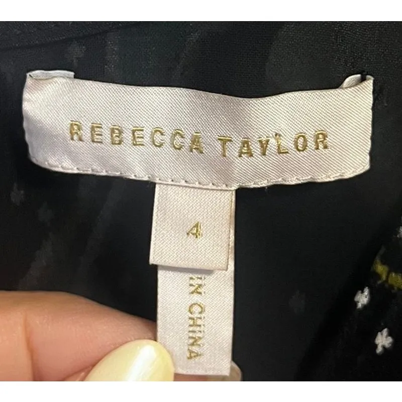 Rebecca Taylor Silk Ikat Tulip Dress Black size 4 Tie Belt Ruffled Sleeves - Image 4