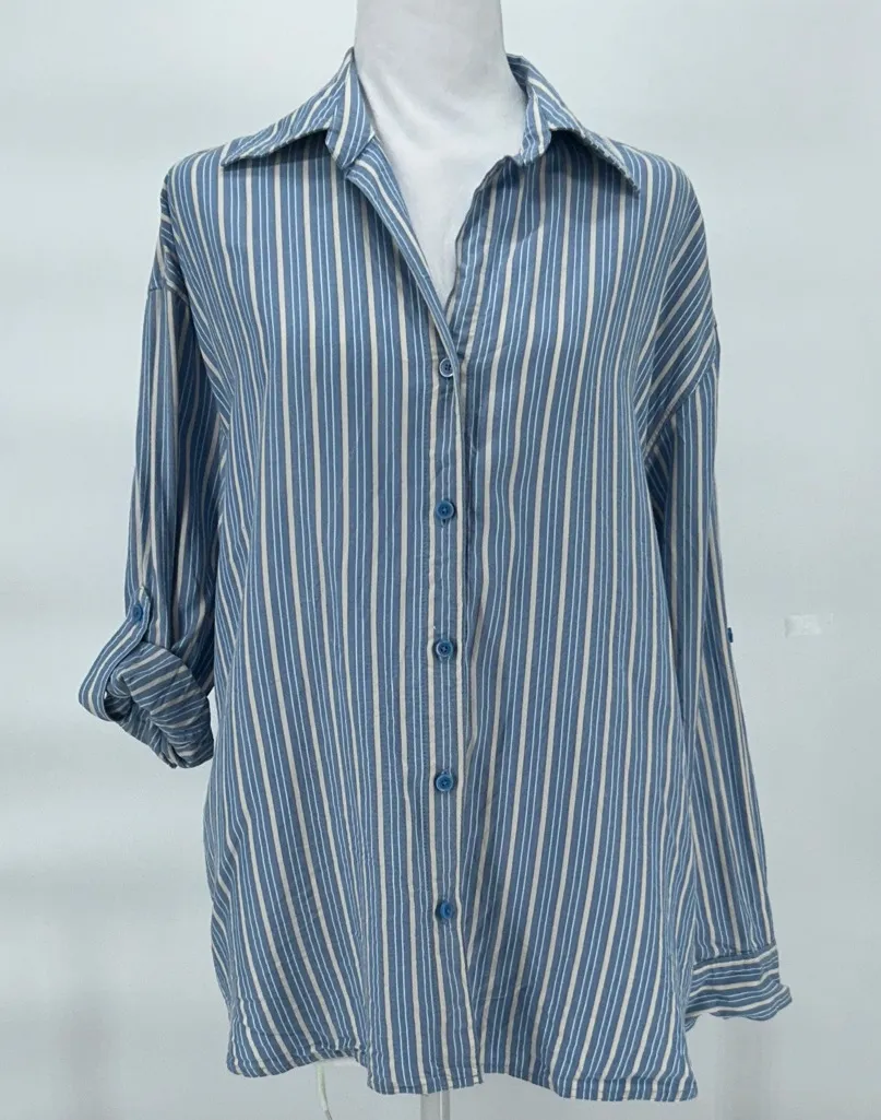 Babaton Aritzia archive button down shirt light blue white stripe size Xs - Image 1