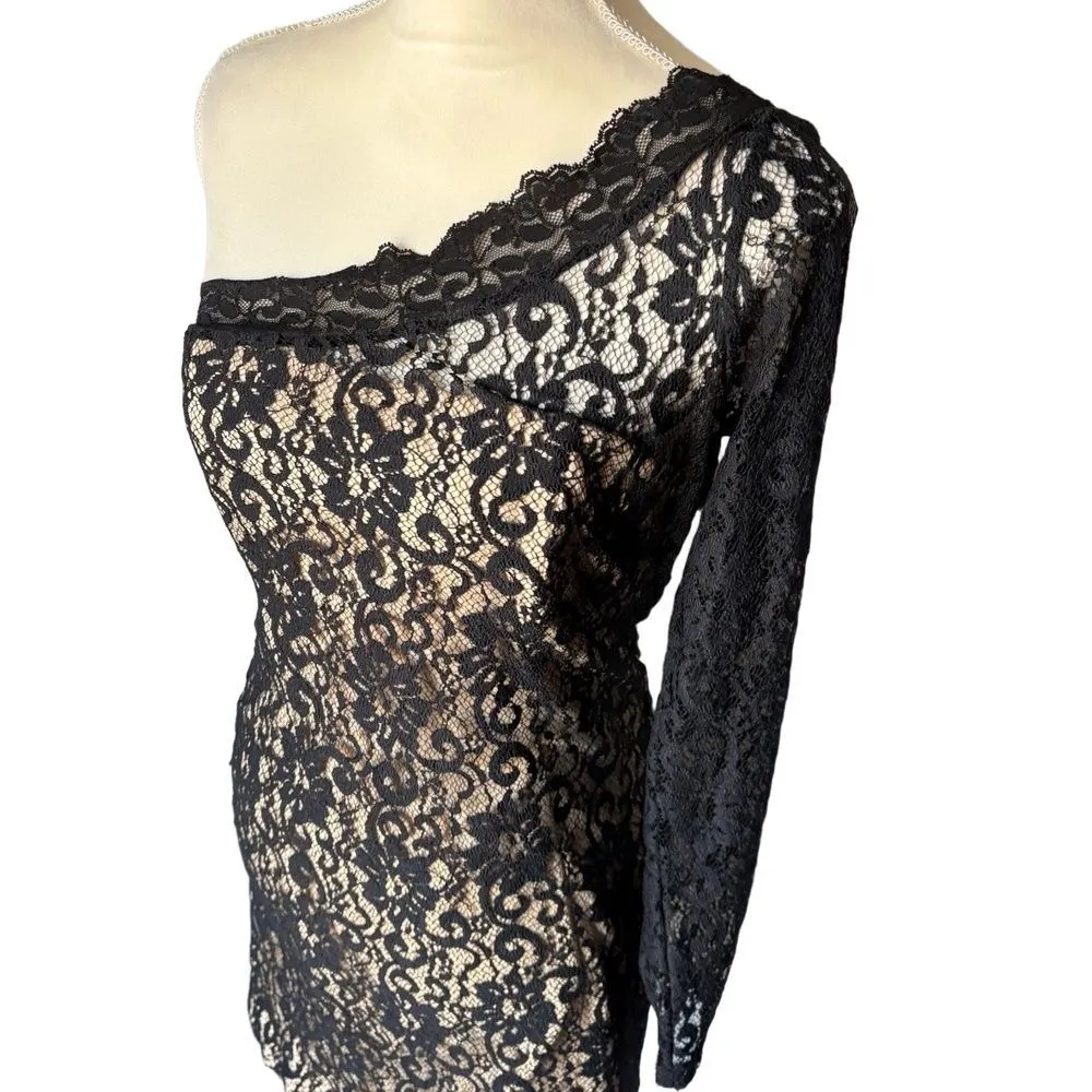 Alexia Admor Womens S Black Asymmetric One Shoulder Lace Top Elegant Edgy - Image 3