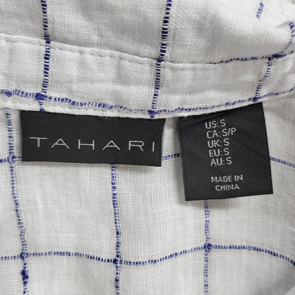 Tahari Womens Blouse Size S White Linen Windowpane Plaid Collared Lightweight - Image 4