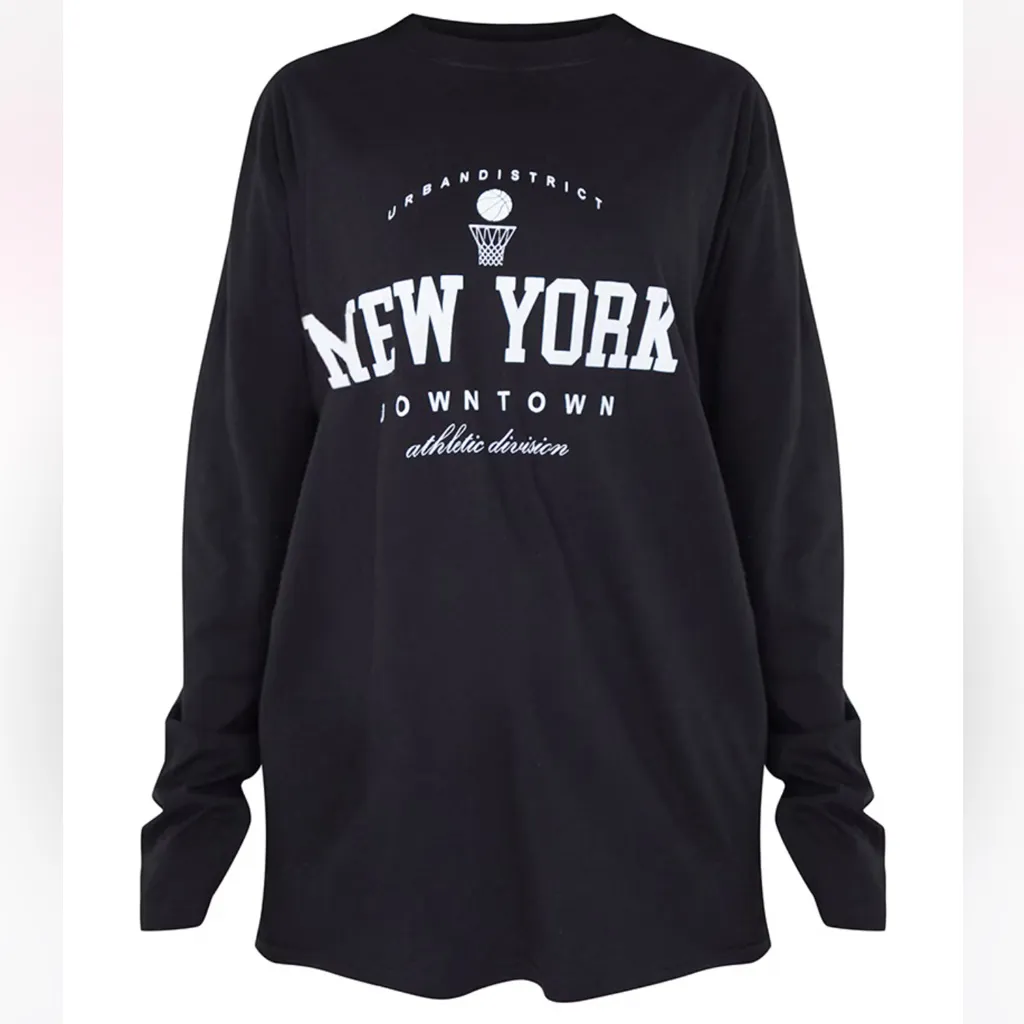 NWT PLT Washed Black New York Downtown Slogan Printed Long Sleeve T Shirt XS - Image 3