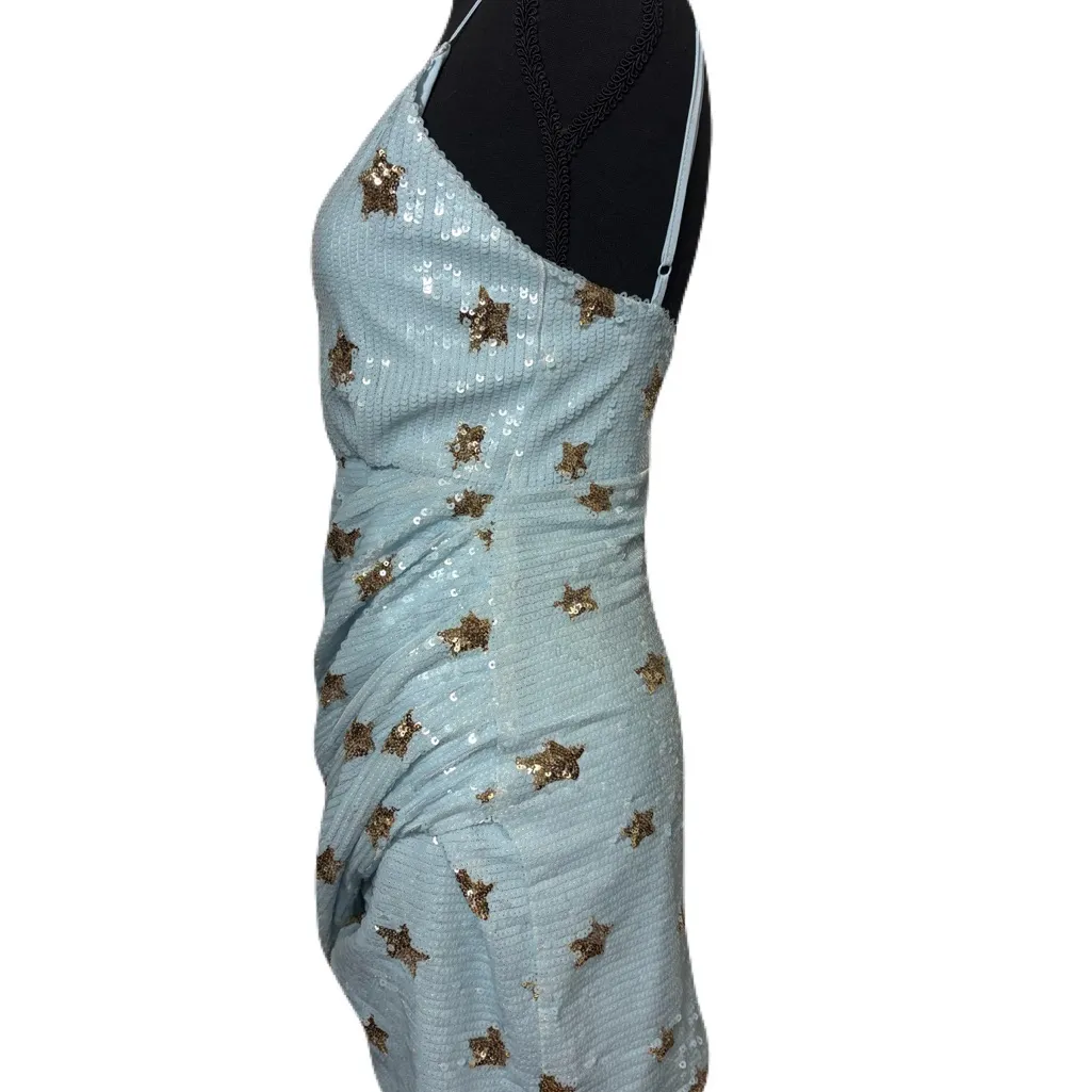 Revolve Super Down Dina Mini Dress Sz S Light Blue Gold Star Ruching @ Waist - Image 6