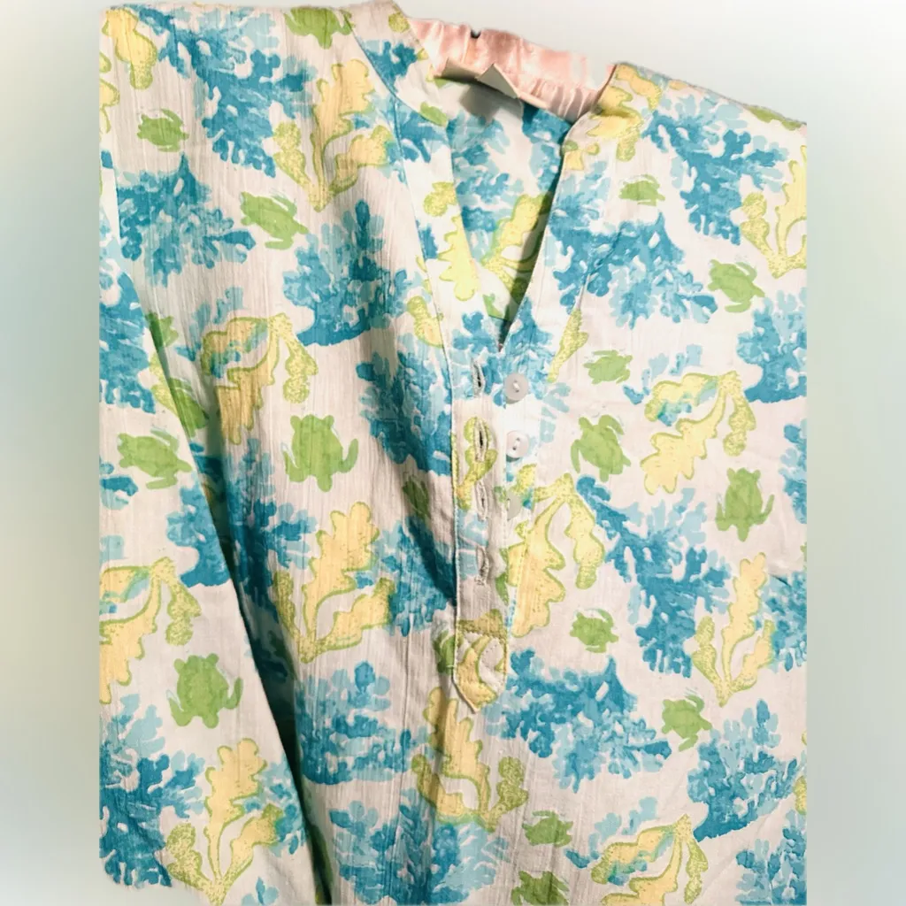 AppleseedsNWOT cotton blousetunic Sea turtles seaweed tropical vacay cruise SzS Blue - Image 7