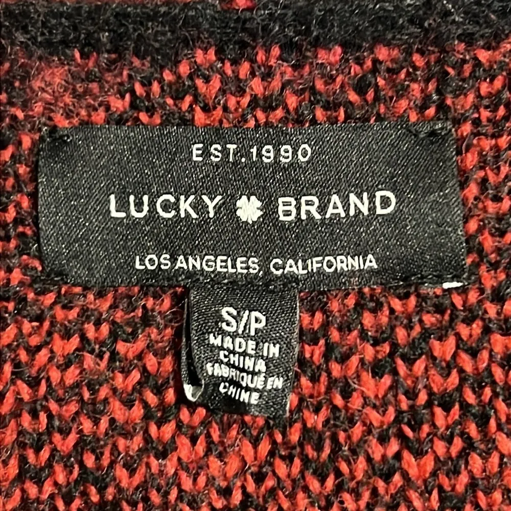 Lucky Brand sz small cardigan red black buffalo plaid v neck open front pockets - Image 10