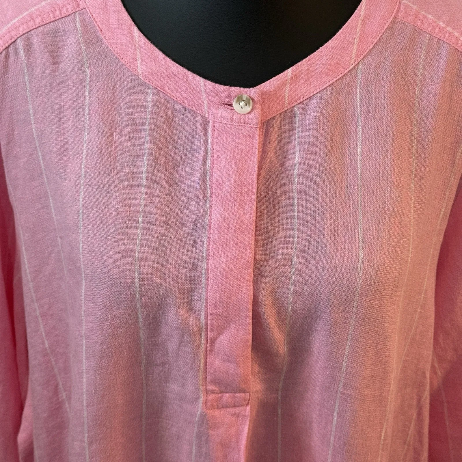 M&S Pure Linen Pink Striped Plus Size‎ Long Sleeve Shirt Breathable, Size 14 - Image 2