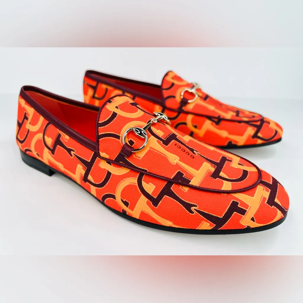 Gucci Jordaan Horsebit Logo Print Orange Fabric Flat Barbie Loafers Size EU 38 - Image 3