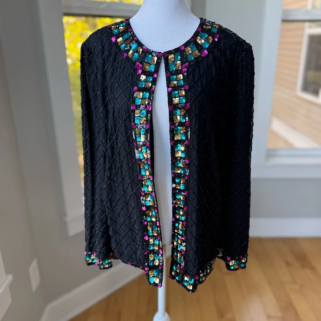 Vintage Royal Feelings Black Silk Beaded Sequin Jacket Jewel Tones Size Medium - Image 10
