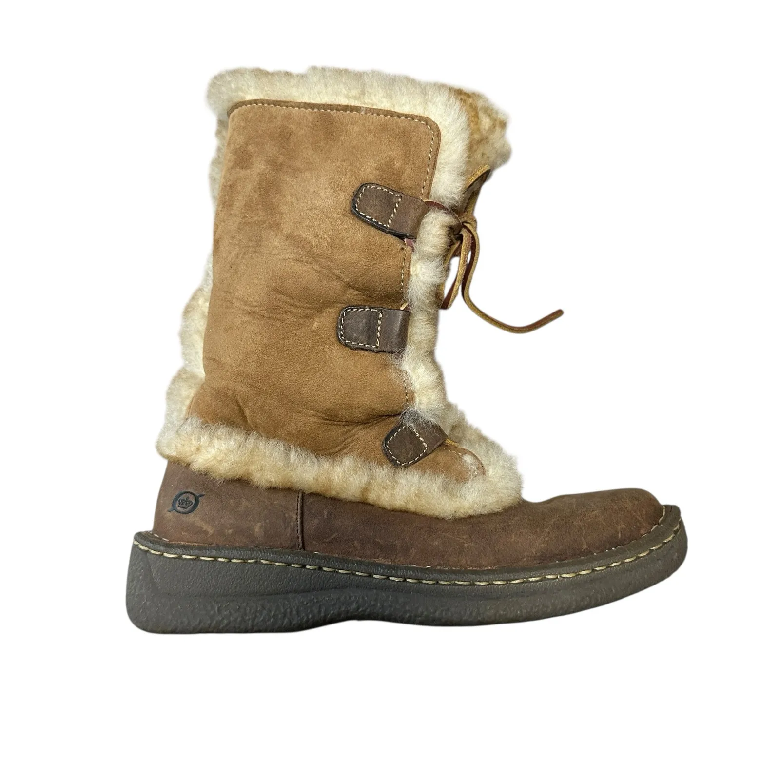 Born Leather Booths Shearling faux fur Lined Lace Up Winter Size 6 Brown Cream - Image 8