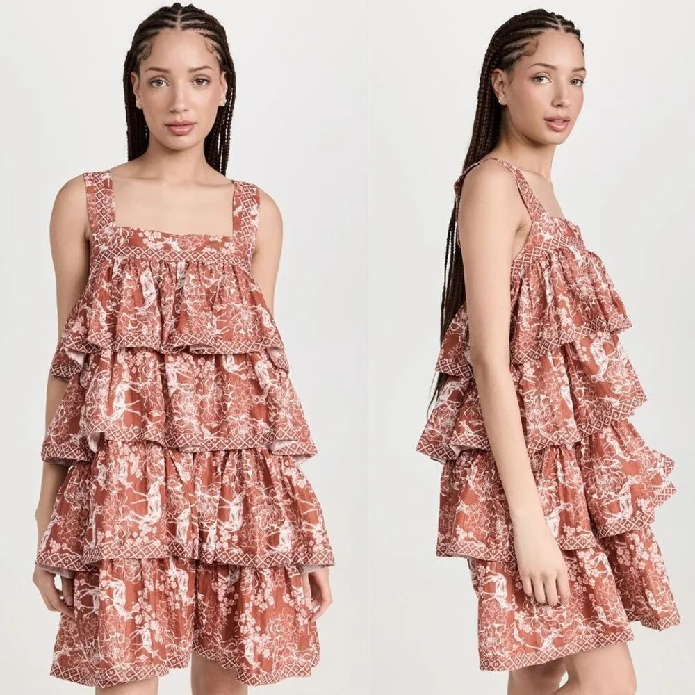 NEW Lug Von Siga Liza Burnt Orange Gazelle Print Square Neck Tiered Dress Size 2 - Image 6