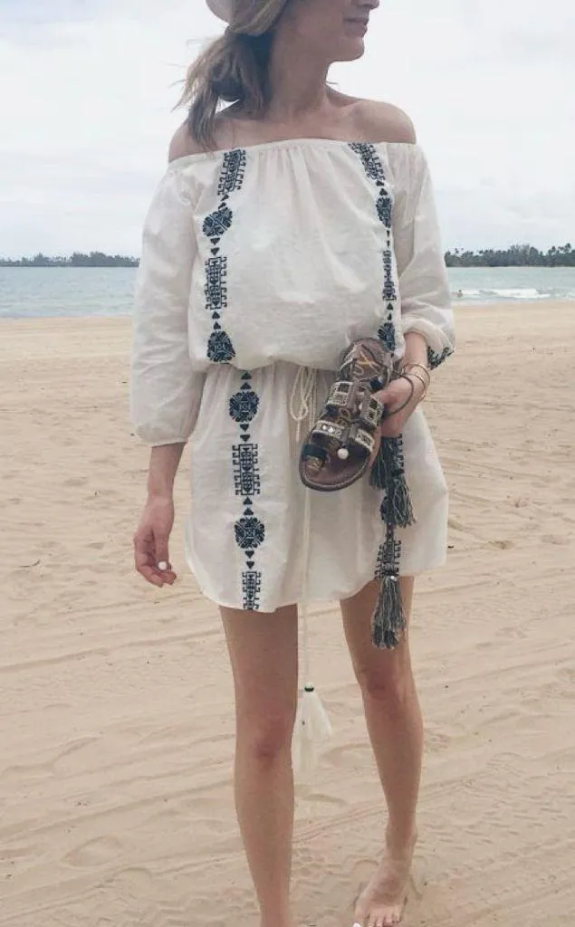 Pampelone | Bardot Off The Shoulder White Embroidered Euro Summer Dress Size M Size M - Image 7