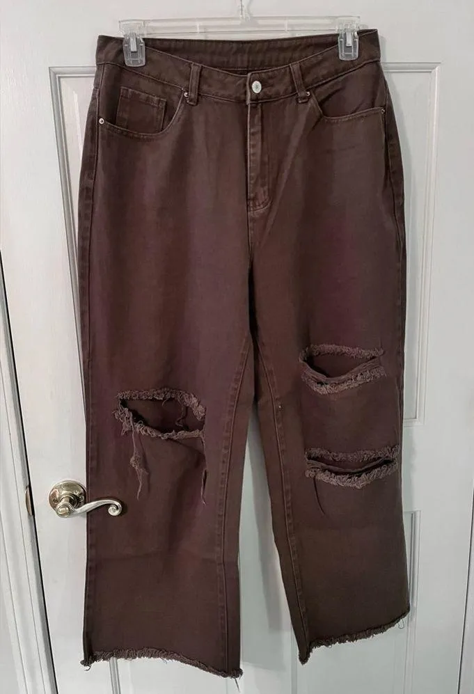Women’s Brown Wide-leg Ripped High-rise Denim Jeans {SHORT LENGTH} - Image 2