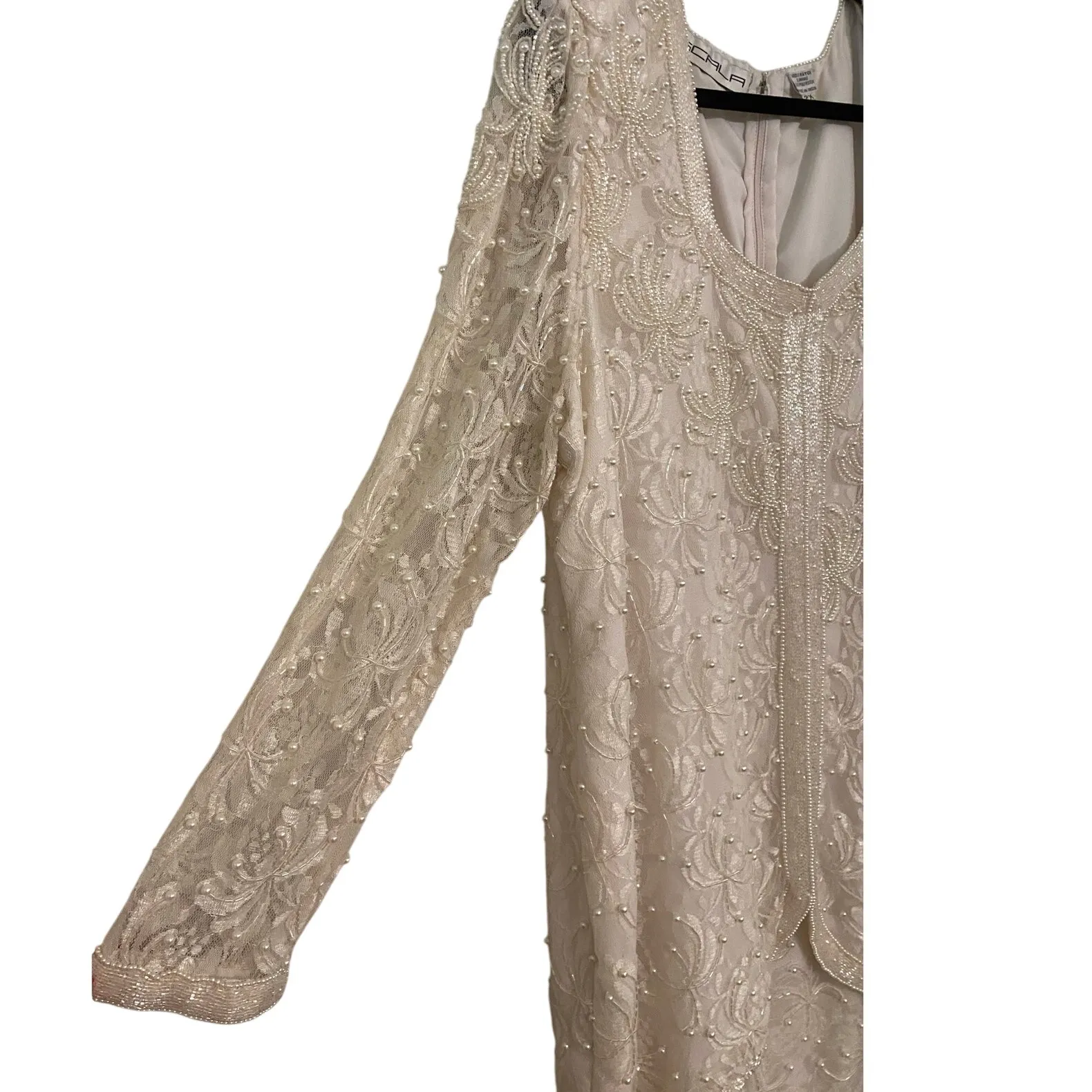 NWT Scala Holiday Party‎ Dress Champagne Ivory Lace Pearl Beaded Midi 2X - Image 4