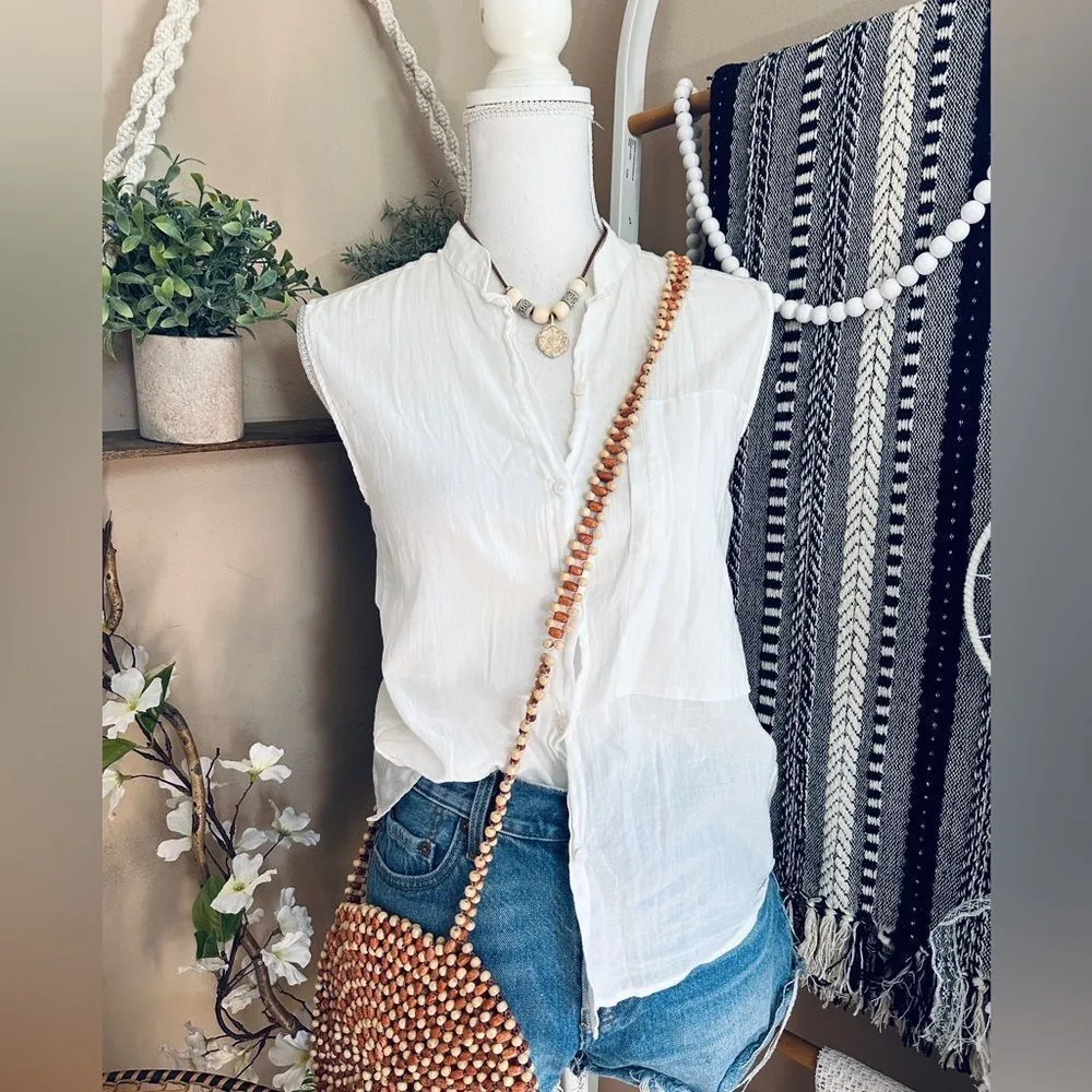 Burning Torch Bohemian White Button Down Sleeveless Oversized Pocket Blouse White Size XXS - Image 2