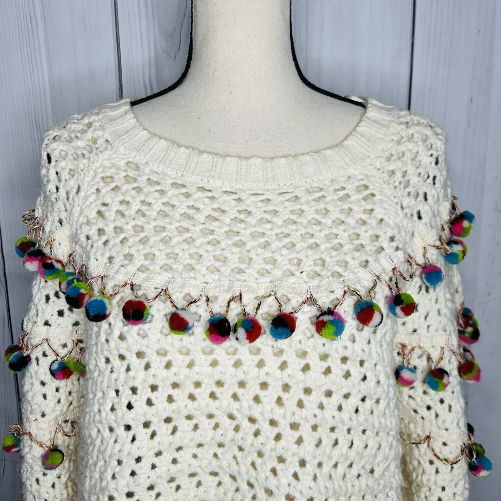 ZARA Chunky Open Knit Wool Blend Sweater Size S Pom Pom Oversized Artsy Boxy - Image 2