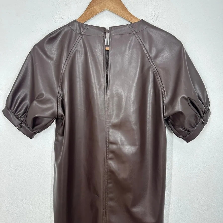 EVERVE Faux Leather Puff Sleeve Sheath Dress Chocolate Brown Women's Size S - Image 10