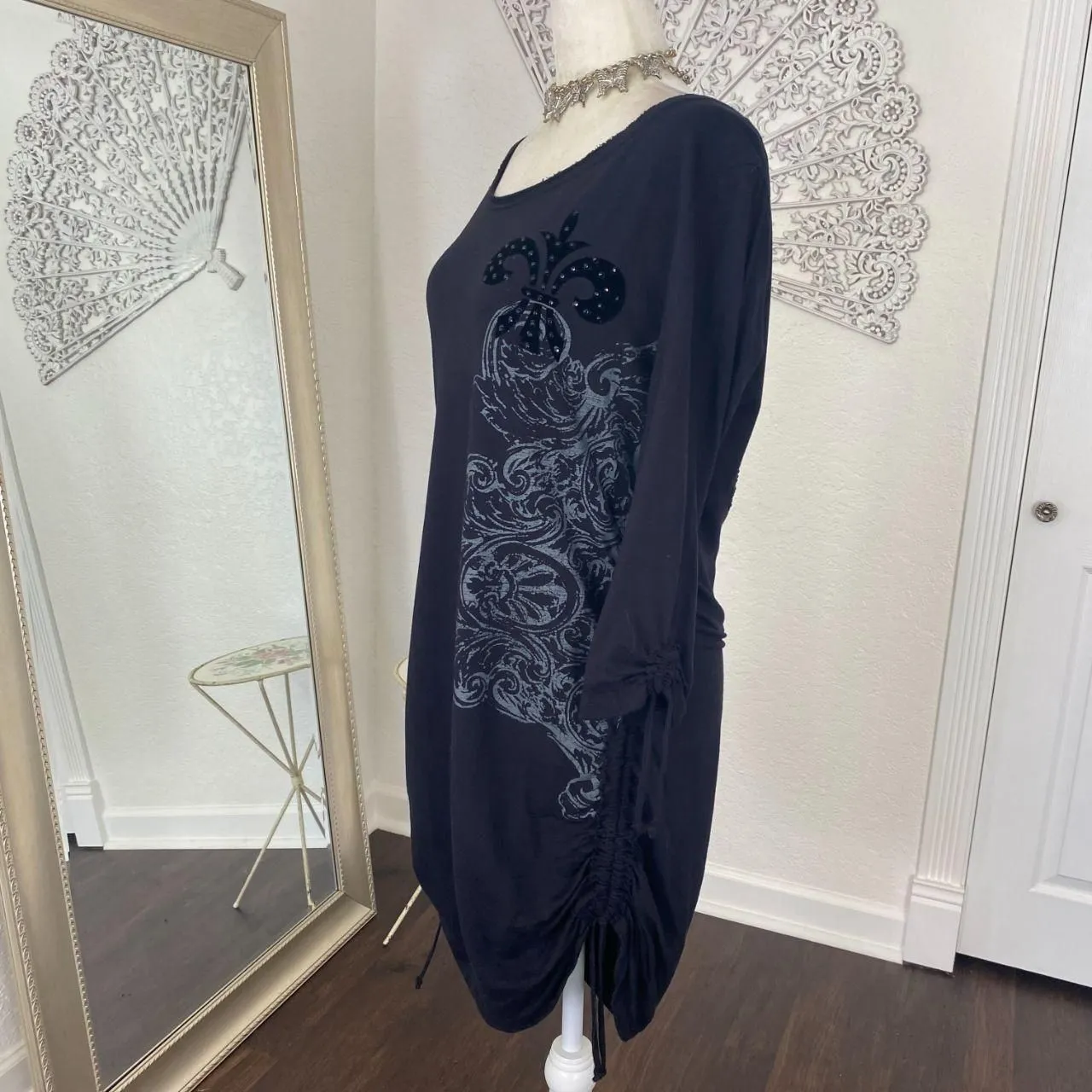 Rock & Roll Cowgirl Romantic Goth Grunge Black Studded Cinched Midi Dress L - Image 4