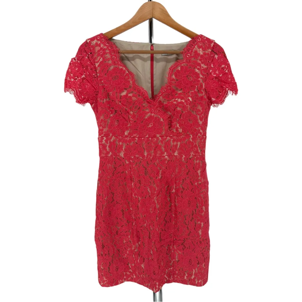 Eliza J Cap Sleeve Coral Lace Sheath Dress size 6 Short Sleeves V Neck - Image 3