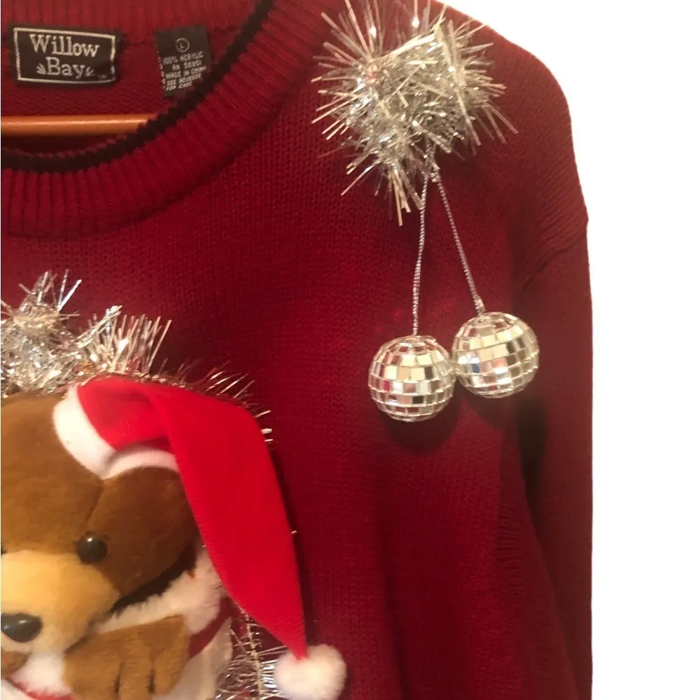 VTG Ugliest Christmas Sweater EVER Hand Crafted Stocking Balls Bow Snowman Red L Size L - Image 3