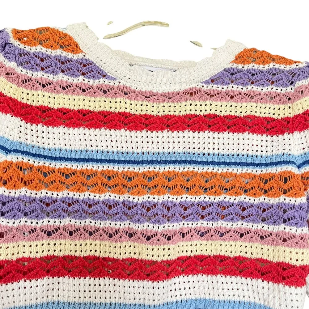 Suncoo Panaca Multicolor Striped Knit Puff Sleeve Crewneck Sweater Size Small White - Image 4