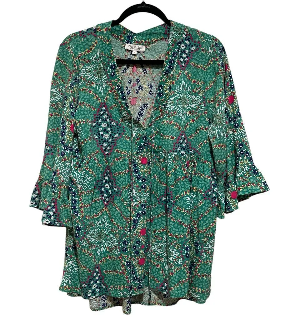 RACHEL ZOE GREEN PRINT TUNIC BOHO BLOUSE TOP MEDIUM M - Image 2