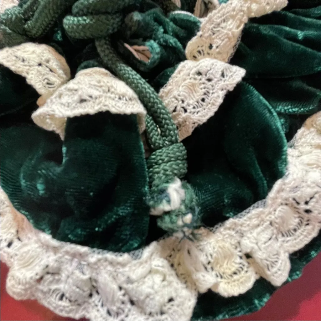 Vintage 1940s 50s Velvet Drawstring Purse Evening Bag Green Lace Tiered Boho - Image 7
