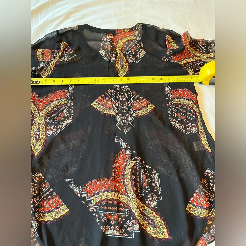 Daniel Rainn Split Neck Long Sleeve Sheer Tunic Blouse Black Scarf Print Size M - Image 6