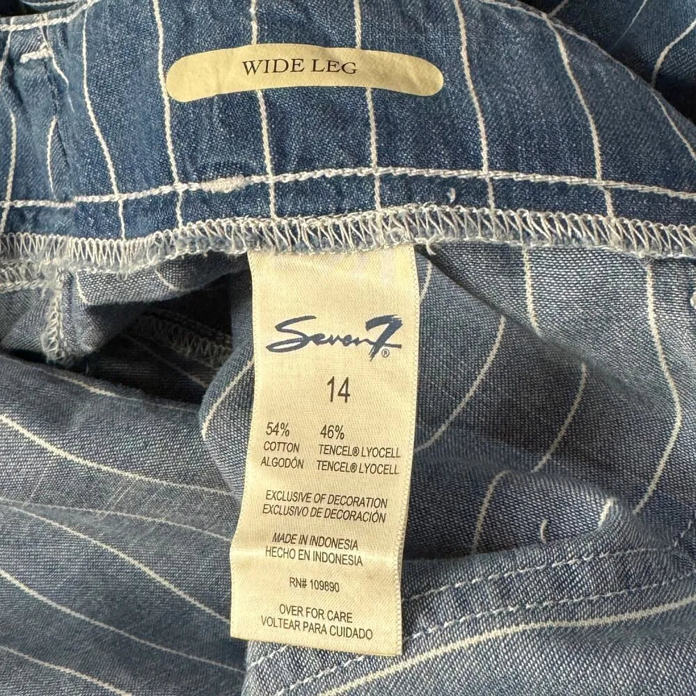 Seven7 SZ 14 Wide Leg Crop Pants Striped Chambray Pockets Hi-Rise Zip-Fly Blue - Image 8