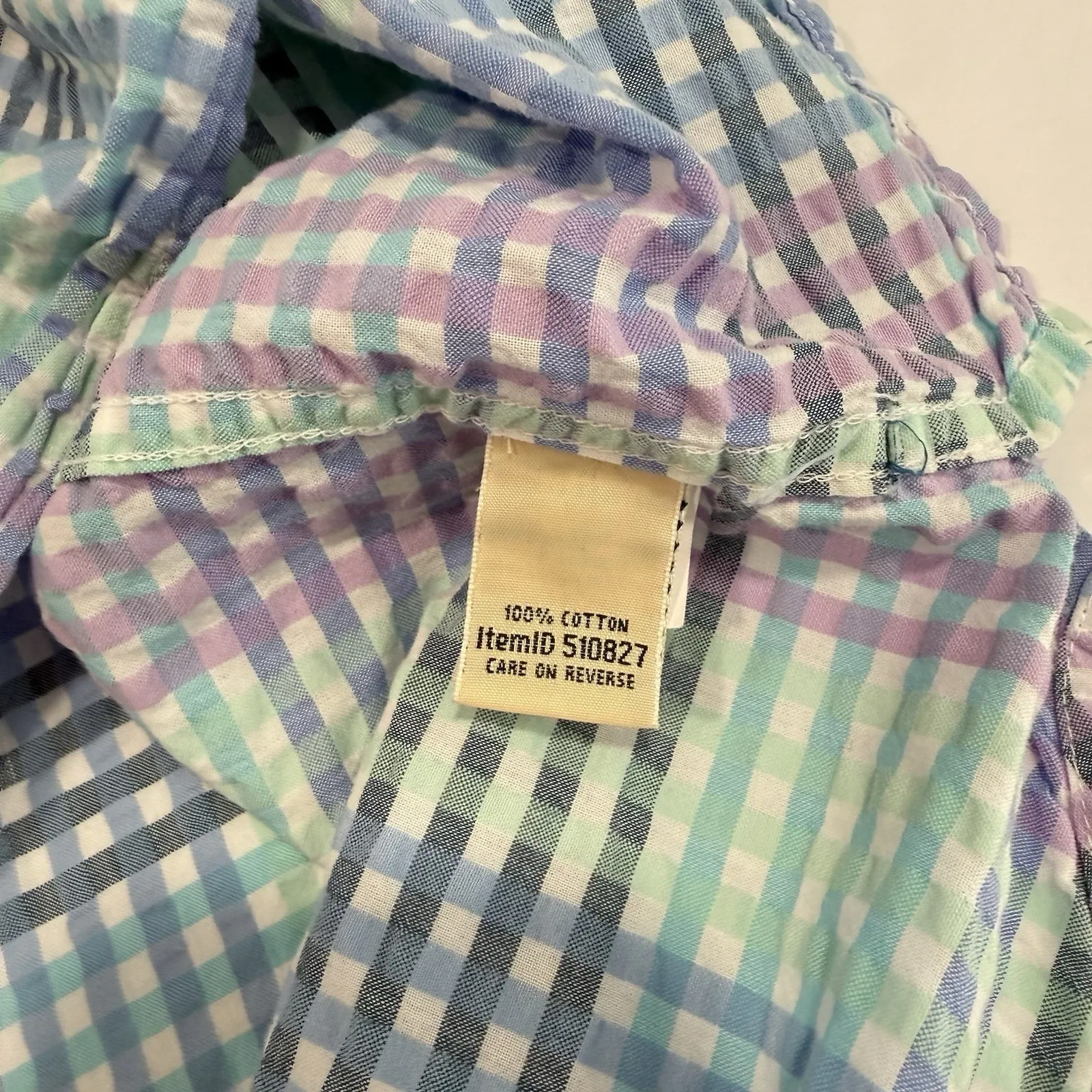 LL Bean Vacationland Seersucker Short Sleeve Popover Plaid Shirt Size LARGE - Image 10